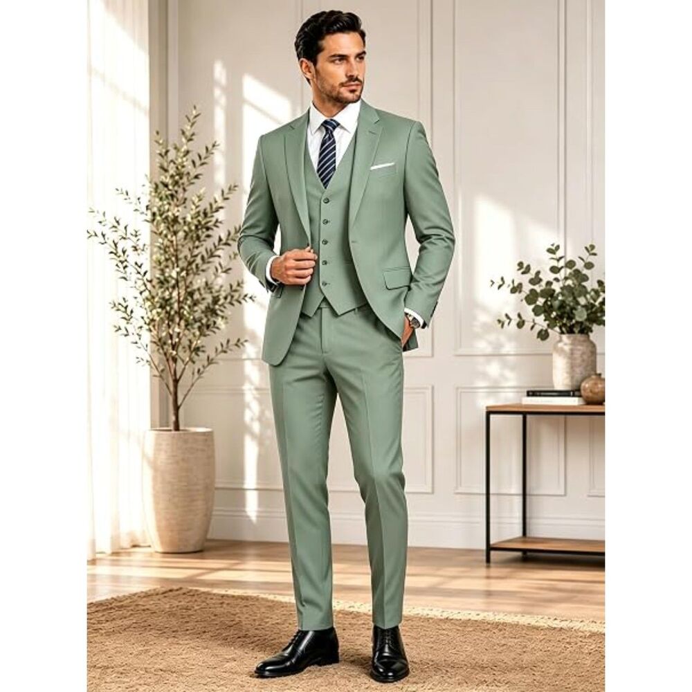 NWT Wangyue Mens Suit 3 Piece Slim Fit Mint Pastel Light Green XL